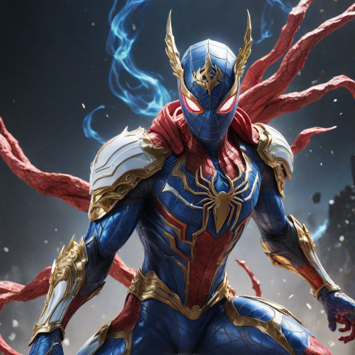 A high-budget, anime-style wallpaper featuring Spiderman in an epic White, blue red Kirin armor. Golden dragon gloves, the gloves is in the shape of dragon heads, Golden dragon head gloves, White glossy eyes, The armor is designed with metallic details that reflect light, showcasing intricate Kirin motifs. Spiderman's armor is a striking gradient of blue, red and white, with Colorful galaxy inner sections, making it look both powerful and sleek. The background is flat white, with Kirin-shaped blue-violet glowing rune relic to give the impression power, striking pose, the Kirin's armor is dominantly in white, with some details in blue and red, Cinematic anime action scene, cinematic action pose, medium shot action portrait, dramatic effect of shadow and light.