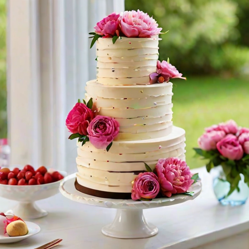 Create a three-tiered cake with a mix of vanilla and chocolate layers. Decorate the cake with colorful sprinkles and vibrant flowers, including roses and peonies, arranged around the tiers. The background should be softly blurred to emphasize the cake.