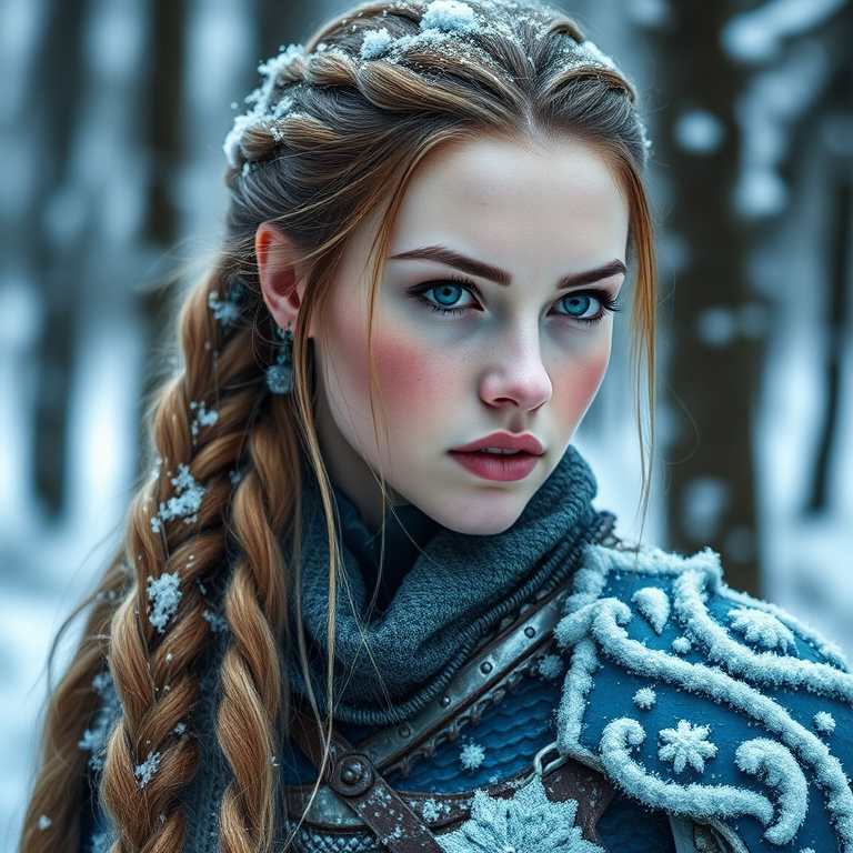 create a portrait of a female warrior with icy blue armor and long braided hair in a snowy forest setting, soft diffused light, f/2.8 aperture, ISO 100, 50mm lens, shallow depth of field, DSLR camera, high dynamic range for enhanced detail and colors