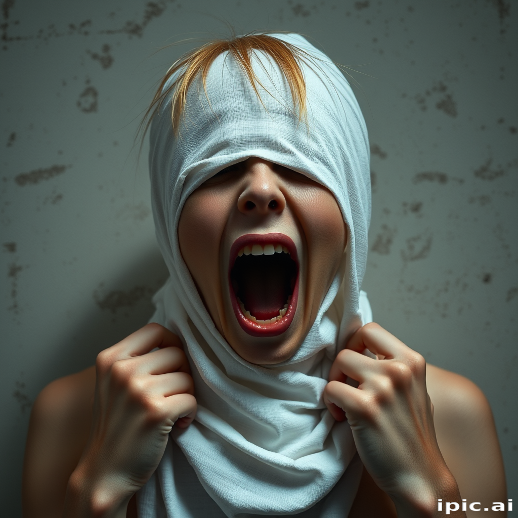 Create a close-up photographic image of the head and torso of a person with light skin tones shown against an old, worn wall. Their head is wrapped in a white cloth covering (i.e.... parts of the head except the nose and mouth, which are open as if they are screaming...), with a slight texture and visible folds in the fabric. Thin strands of blonde hair escape from the wrapping above, falling lightly at the top and sides. Their hands hold the fabric as if they are tugging nervously. The lighting is dramatic and even, casting strong shadows. The image has a minimalist and surreal style with an emphasis on simplicity with soft color tones. The composition is centered.