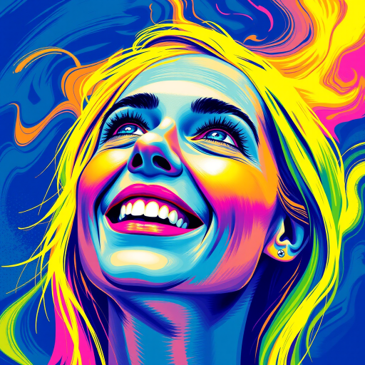 Generate a psychedelic portrait of a woman's happy face with brushstrokes of a woman smiling and looking up at the sky, emphasizing bright and bold colors. The dominant color should be deep blue, with swirling patterns of yellow, green, pink, purple and orange. open blue eyes with long eyelashes, apply an orange-yellow eyeshadow for a mesmerizing effect.