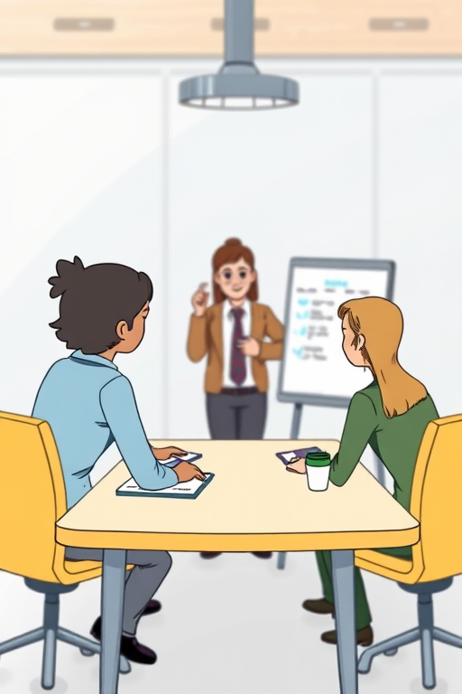 Create a high-quality illustration of a business meeting with four diverse cartoon characters around a table, one person presenting in front of a flip chart, use a DSLR camera with a 50mm lens, aperture f/2.8, ISO 100, and a soft focus background to enhance depth.