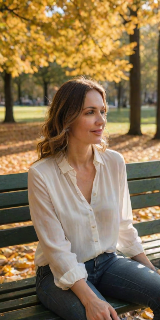 Soft-focus image of a woman in her 30s, casually dressed in a flowing white blouse and jeans, sitting on a park bench surrounded by autumn leaves, sunlight filtering through the trees above.
