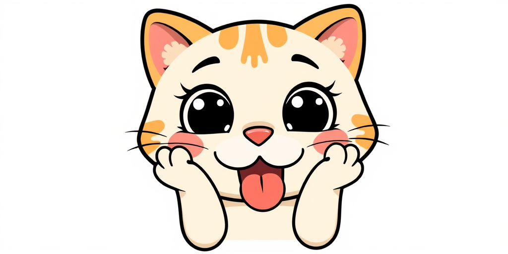 Cute cartoon cat with a happy expression hands on cheeks tongue out simple lines white background
