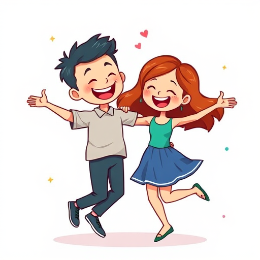 Create a playful illustration of two happy, stylized characters dancing together, with a clean white background, using a DSLR camera with a 50mm lens at f/1.8, ISO 100, and a bright color palette to enhance image vibrancy.