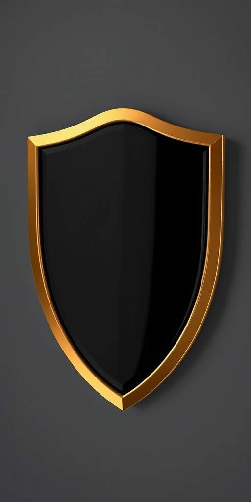 Create a high-resolution image of a sleek, gold-framed shield with a glossy black interior, captured in a soft-focus style, using a 50mm lens at f/1.8, ISO 100, and a shallow depth of field for dramatic effect.