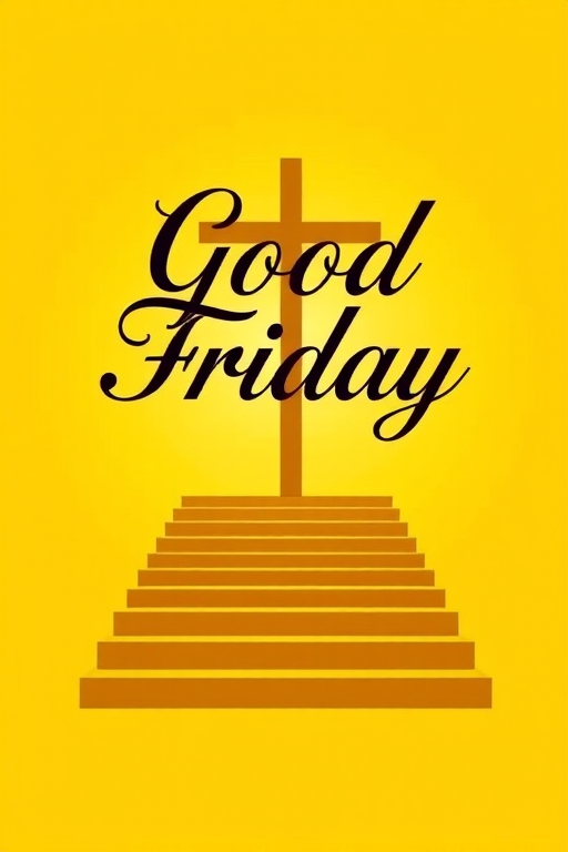 Create a vibrant graphic with the text "Good Friday" in elegant cursive font, accompanied by a stylized cross and stairs leading to it, set against a bright yellow gradient background; use a DSLR camera with a 50mm lens at f/2.8 aperture, ISO 100, and a slight vignette effect for enhanced depth and clarity.