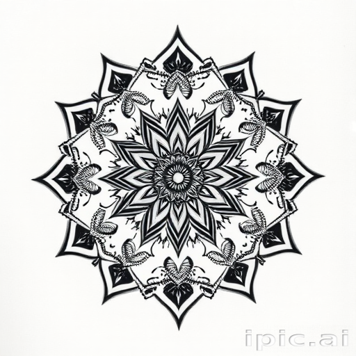 Dotwork mandala tattoo called "Sacred Geometry" showcasing intricate patterns and symmetrical designs created entirely with tiny dots in varying densities of black ink