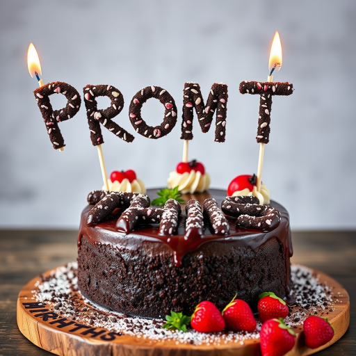 black forest gateau cake spelling out the words "PROMPT THIS", tasty, food photography, dynamic shot