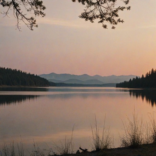 Soft-focus image of a peaceful lake at dusk, soft golden light from the setting sun reflecting off the water, with distant trees and mountains silhouetted against the evening sky.
