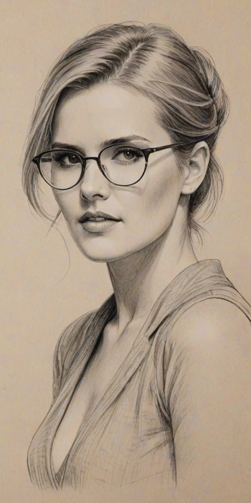 Captivating Maggie Grace, pencil sketch, portrait of Bewitching woman 1924s in glasses, hair style beatnik, outline, clear lines, fine lines, 8k
