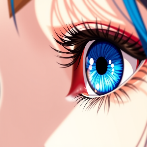 Generate an anime-style close-up of vibrant blue eyes with glossy reflections, focusing on detailed irises and lashes, using a DSLR camera, f/2.8 aperture, 50mm lens, shot in natural daylight with a soft bokeh background.