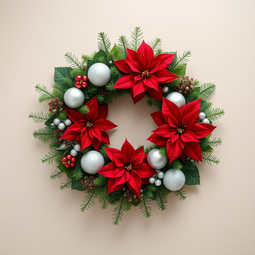 Create a vibrant Christmas wreath featuring red poinsettias, silver ornaments, and green foliage against a neutral background, shot with a Canon EOS R5 at f/2.8, ISO 100, 50mm lens, top-down view, with soft natural lighting to enhance details and colors.