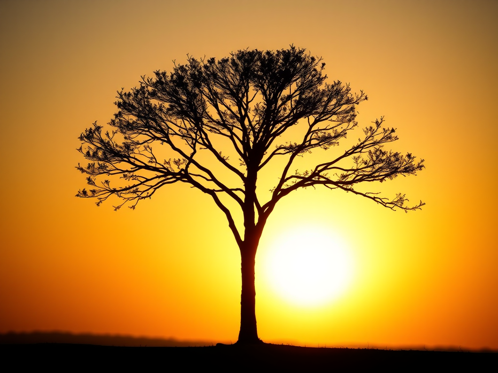 Generate a high-resolution image of a minimalist tree silhouette against a sunset background, using a DSLR camera with a 50mm lens, f/1.8 aperture, ISO 100, and a shutter speed of 1/250s, in landscape orientation with soft focus on the background.