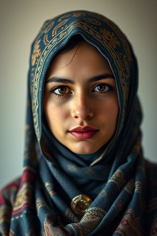 portrait of a young woman with intricate headscarf and ethnic attire, soft diffused lighting, shallow depth of field, 50mm lens, f/1.8 aperture, ISO 100, captured with a full-frame DSLR camera
