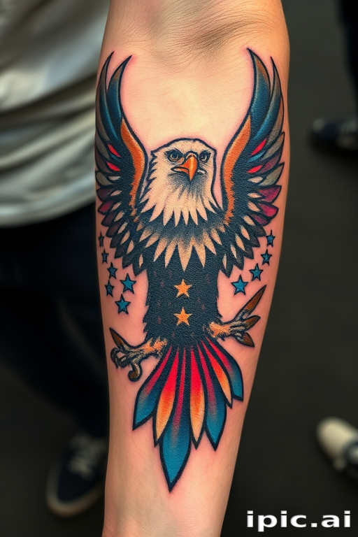 Bold American traditional eagle on forearm, vivid red and blue accents, sharp black outlines, classic styling with modern twist in coloration