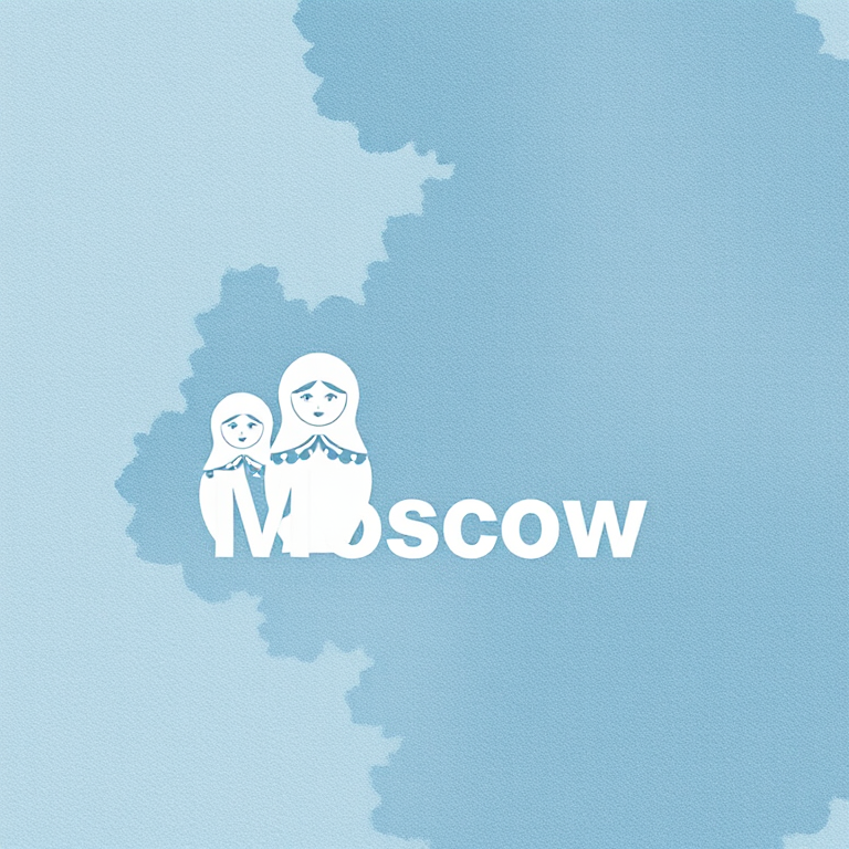 Create a minimalist graphic design featuring a textured background with a watercolor effect in shades of blue and gray, showcasing traditional Russian nesting dolls (matryoshka) in white silhouette alongside the word "Moscow" in a modern sans-serif font, captured with a DSLR camera, aperture f/8, shutter speed 1/125 sec, ISO 100, in a overhead top-down view.