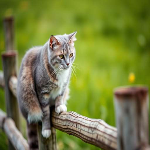 A detailed shot of a gray and white cat sitting on a wooden fence in a lush green field, using a DSLR camera with 50mm lens, aperture f/1.8, ISO 200, natural light, capturing soft background blur and vibrant colors.