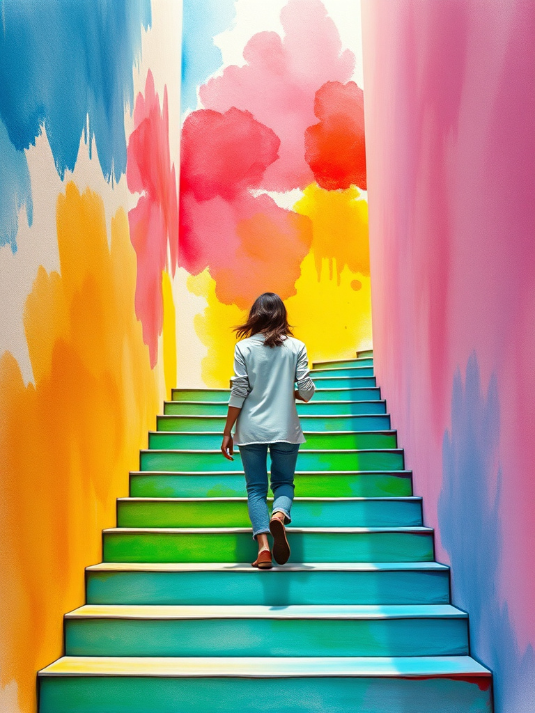 Woman walking up stylized colorful staircase, bright watercolor background, medium shot, ISO 100, f/4, 50mm lens, natural light, digital painting style.