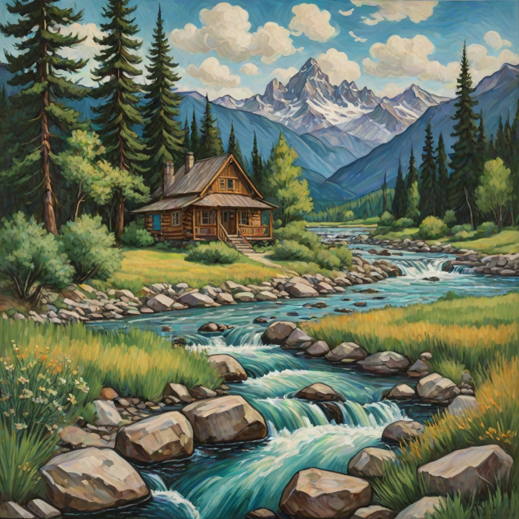 This Van Gogh-inspired painting depicts a peaceful scene of a small cabin located near a flowing river. The scene is surrounded by lush vegetation, including tall trees and rocky terrain. In the background, majestic mountains rise under a sky filled with rolling clouds. The river gently cascades over the rocks, adding a sense of movement and tranquility to the scene. The use of vibrant colors and detailed brushstrokes create a sense of depth and harmony in the natural setting.