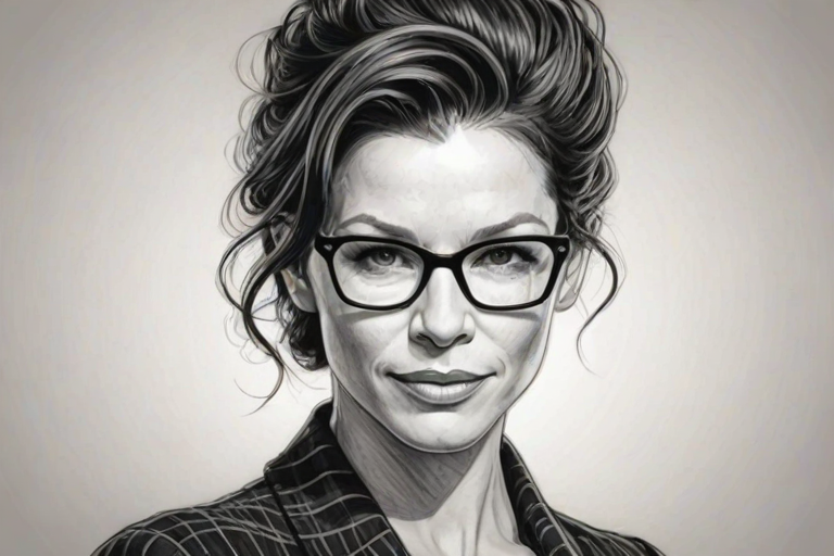 Fetching Evangeline Lilly, pencil sketch, portrait of Ravishing woman 1951s in glasses, hair style beatnik, outline, clear lines, fine lines, 8k