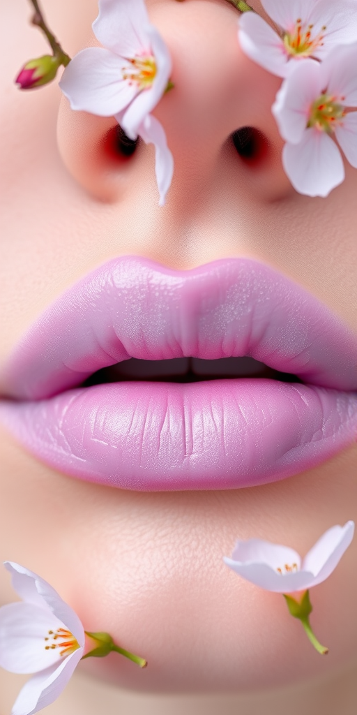 Delicate pastel lilac lips with a frosted finish, ethereal and dreamy, evoking the softness of spring blossoms in full bloom