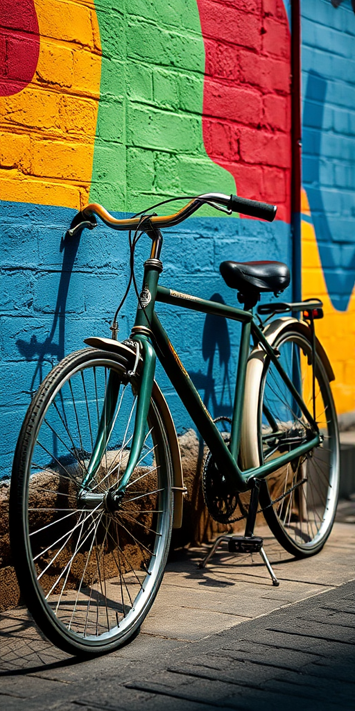 Capture a high-resolution image of a vintage bicycle parked near a colorful wall, shot with a Canon EOS R5, using a 50mm f/1.8 lens, aperture set to f/2.8 for shallow depth of field, ISO 100, slightly angled view to emphasize the bicycle and wall texture, natural lighting for vibrant colors.