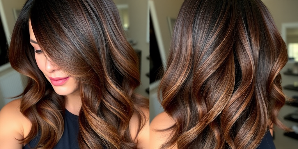 Elegant brunette with sleek chestnut balayage cascading in loose waves, showcasing a sophisticated long layered cut with face-framing pieces and subtle sun-kissed highlights throughout