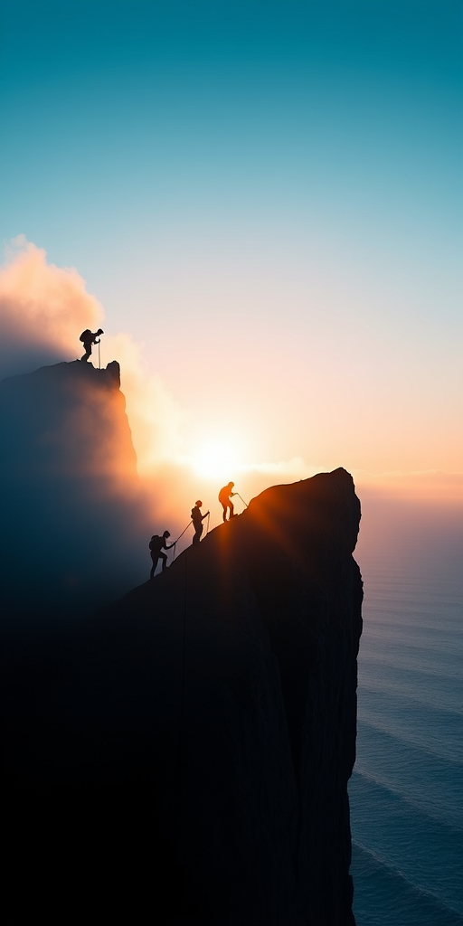 capture a dramatic silhouette of climbers on a rock face at sunrise with misty ocean in the background, use a Canon EOS 5D Mark IV with a 24-70mm lens, set aperture to f/8, shutter speed to 1/250s, ISO 200, shoot from a lower angle to emphasize height and scale, apply a cool blue color filter for atmosphere