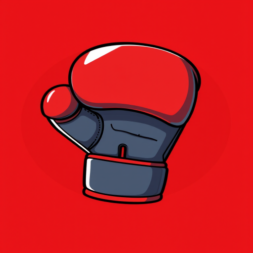 Create a high-quality illustration of a boxing glove in a stylized cartoon design, set against a bold red circular background, using a Canon EOS R5 camera with an aperture of f/2.8 for a soft background blur, focal length of 50mm for detail, and capturing in bright daylight for vibrant colors.