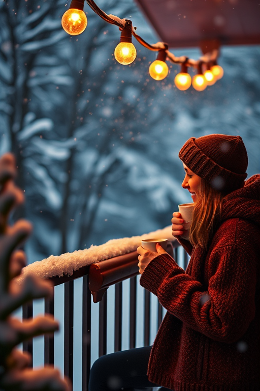 Warmly lit image of a couple sipping hot cocoa on a snowy balcony, soft glow from string lights above, snow gently falling in the background, the smell of pine and fresh snow filling the air, a peaceful, quiet moment shared.