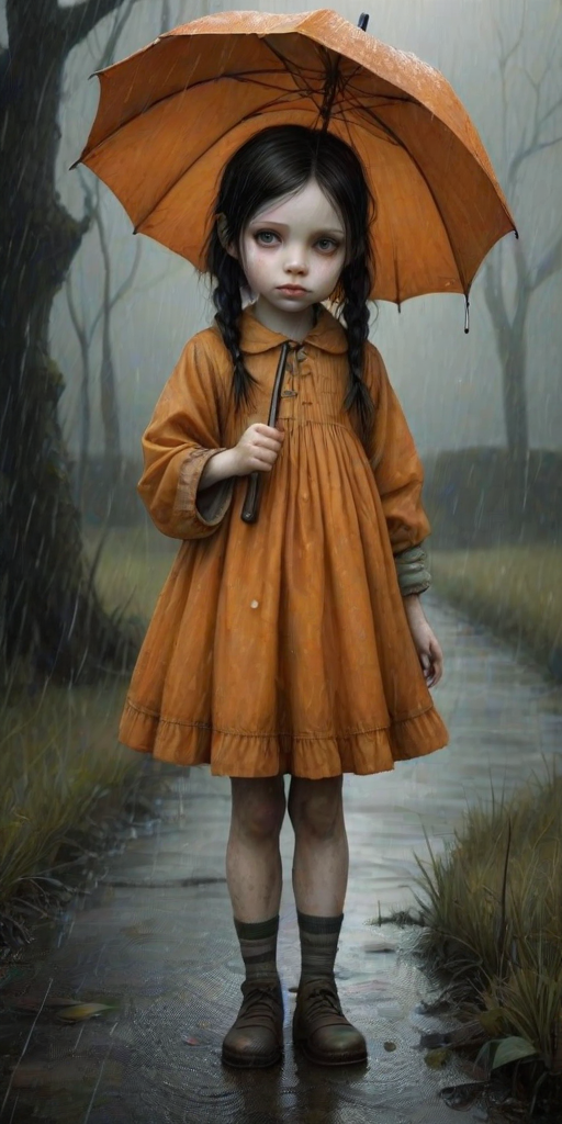 An eerie, weird little girl with dark hair in thin pigtails, wearing a smock dress, standing in the rain, holding a dirty orange umbrella, a small, odd creature beside her. In a surreal style inspired by Nicoletta Ceccoli and Brian Froud. Dark fantasy themes