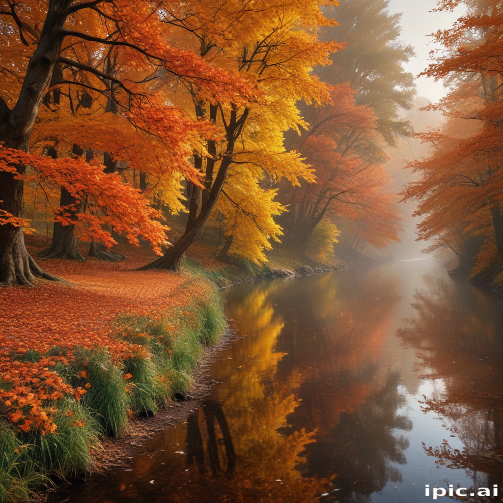 Serene Autumn Landscape with Vibrant Orange and Red Foliage by the River