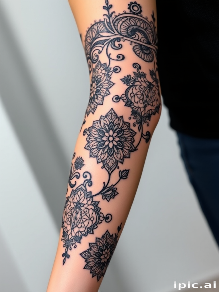 Ornamental blackwork tattoo of intricate lace patterns adorning the entire arm, creating the illusion of a delicate sleeve with negative space