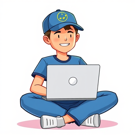 Create an illustration of a person sitting cross-legged with a laptop, wearing a blue cap with a circular emblem, in a modern cartoon style, with soft lighting and vibrant colors, using a Canon EOS R camera with a 50mm lens at f/2.8, ISO 100, and a wide-angle view.