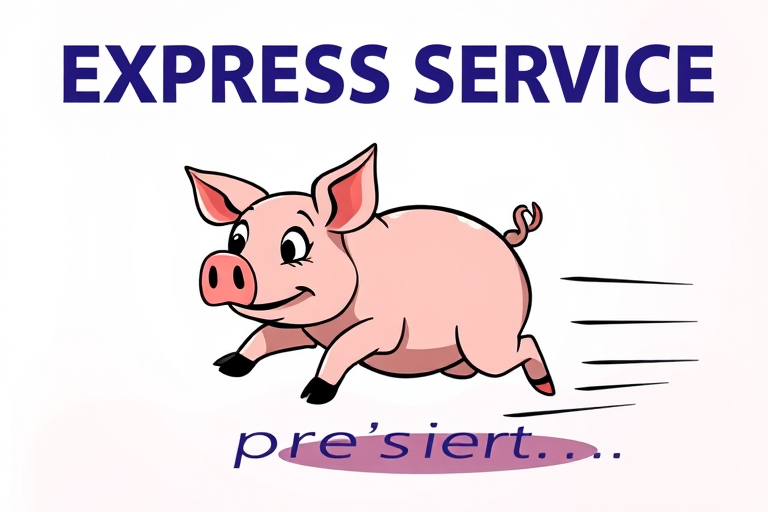 Create an image of a cartoon pig running swiftly with exaggerated motion lines behind it, incorporating the text "EXPRESS SERVICE" in bold modern font above and "s p r e s s i e r t ..." in a playful font below, using a DSLR camera with a 50mm lens, aperture f/2.8, ISO 100, and a bright, colorful background to enhance the clarity and vibrancy of the scene.
