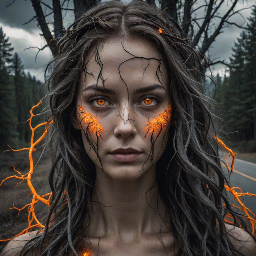 A surreal portrait of a woman's face merging with nature and a road. One half of her face is covered in glowing orange vines, tree roots, and dense forest vegetation. The other half is in grayscale, featuring storm clouds and a road that stretches into the horizon. Both of her eyes are highly expressive: one glowing amber and the other cool blue. The scene contrasts vibrant nature with a stormy, monochromatic landscape, with mountains in the background. The image is highly detailed, with dramatic lighting and texture, creating a mystical, harmonious balance between nature and humanity.