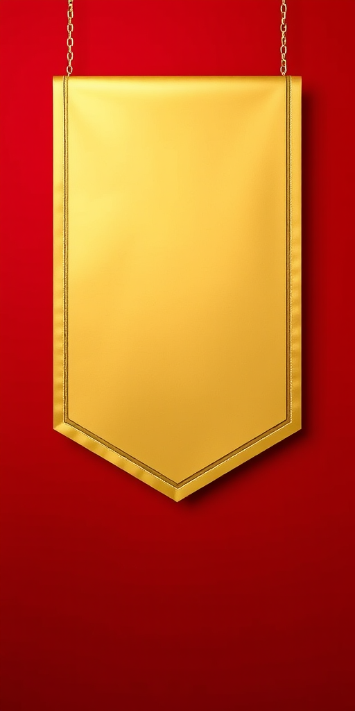 Create an elegant gold ribbon banner on a rich red background, shot with a Canon EOS R5 at f/2.8, ISO 100, 50mm lens, ensuring vivid colors and crisp details, using a softbox for even lighting.