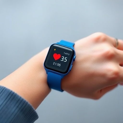 Create a high-resolution vector illustration of a hand wearing a blue smart watch displaying heart rate and time, using a minimalist style, with a soft-focus background, shot with a DSLR camera at f/2.8, ISO 100, 50mm lens, and a top-down view.