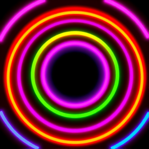 Create a vibrant neon circle pattern with concentric rings in pink, orange, yellow, green, blue, and purple against a black background, using a DSLR camera with a 50mm lens, aperture set to f/1.8, ISO 100, shot in macro mode for enhanced details and clarity, with soft-focused edges for a dreamy effect.