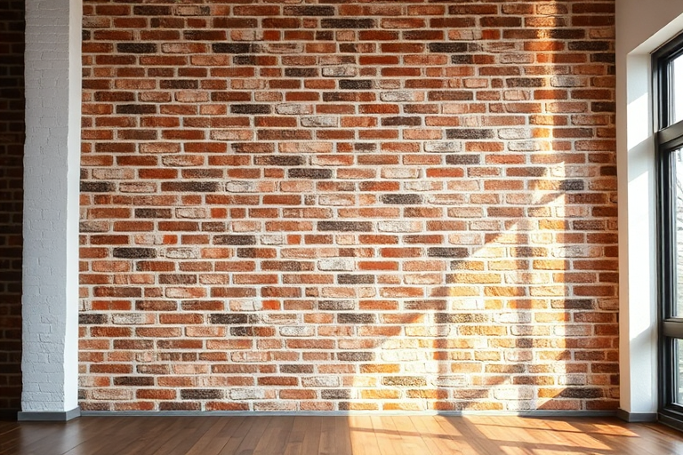 interior shot of a rustic brick wall in a well-lit room, soft natural lighting, focal length 24mm, aperture f/8, ISO 200, DSLR camera, wide-angle view, high-resolution quality
