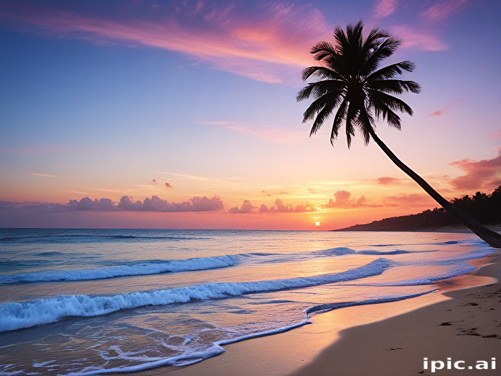 Serene Sunset Over Tranquil Beach with Palm Tree Silhouette and Waves