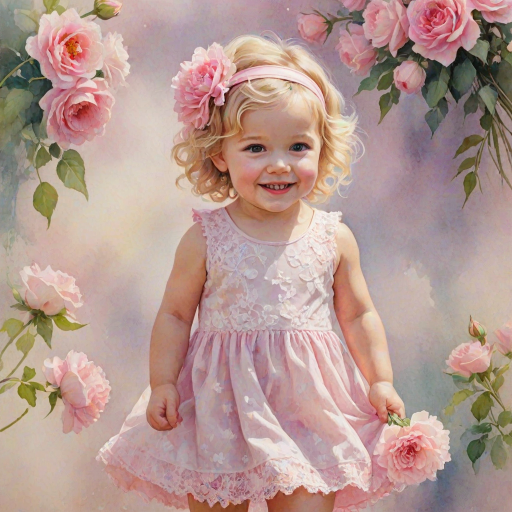 hyperrealism happy smiling toddler girl with messy wavy blonde hair with a headband, she is wearing a pink and white lace dress with pink and white shoes, she is holding a pink bouquet of flowers. Pink flowers and butterflies. summer background. Watercolor Highly detailed