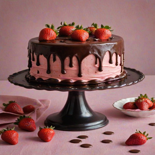 Create an image of a two-layered cake. The bottom layer should be a smooth pink frosting, while the top layer should feature rich chocolate frosting with chocolate ganache drips. Adorn the top with several fresh strawberries dipped in dark chocolate and a few dollops of pink frosting. The cake should be displayed on a decorative cake stand.