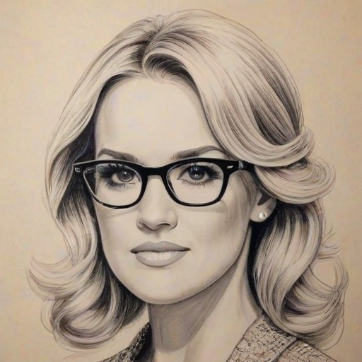 Dazzling Carrie Underwood, pencil sketch, portrait of Alluring woman 1946s in glasses, hair style beatnik, outline, clear lines, fine lines, 8k