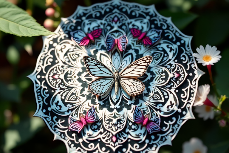 Create a high-resolution digital image of an intricate mandala design featuring butterflies and floral elements, using a macro lens with a focal length of 50mm, aperture set to f/2.8 for shallow depth of field, soft natural lighting to enhance the delicate details, and captured with a high-quality DSLR camera.