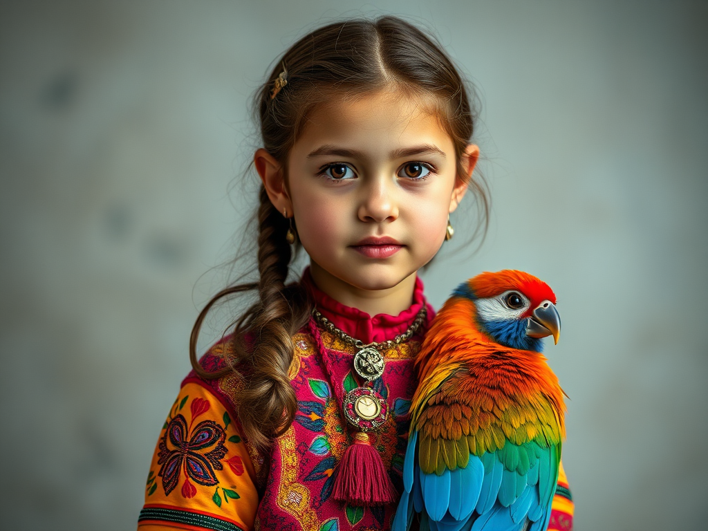 A beautiful Ashkenazi girl, wearing colorful bird clothing with vibrant colors