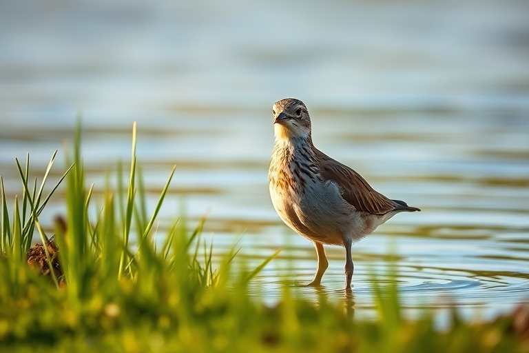 Capture a close-up of a bird standing in shallow water with grass in the foreground, use a Canon EOS 5D Mark IV with a 100mm f/2.8 macro lens, ISO 400, aperture f/4, shutter speed 1/200 sec, focus on the bird with a soft background blur, natural lighting, morning light for added warmth.