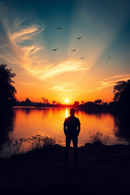 Create a stunning sunset landscape featuring a silhouette of a person standing by a serene river with trees and birds in the sky, using a DSLR camera with a 24mm lens, aperture f/8, ISO 200, and a low-angle perspective to enhance the colors and details.
