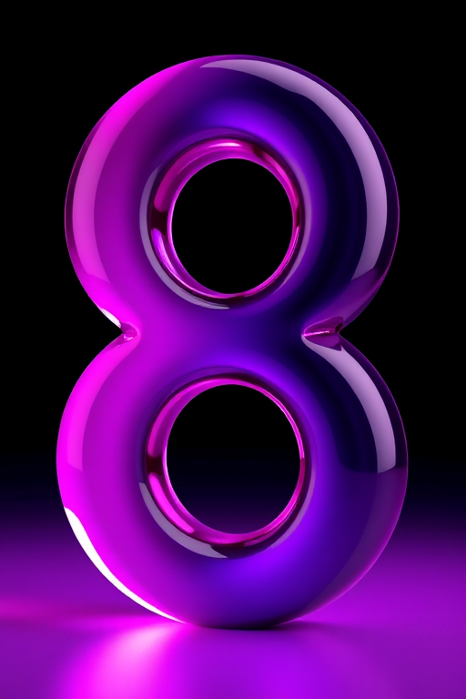Create a vibrant and glossy number 8 in a rich gradient of purple and pink colors, set against a contrasting dark background, captured with a DSLR camera at f/2.8 aperture, ISO 100, 50mm lens, in a close-up shot to enhance clarity and detail.
